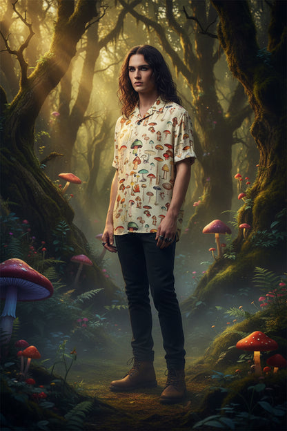 Short-sleeve shirt with colorful mushroom pattern on a beige background