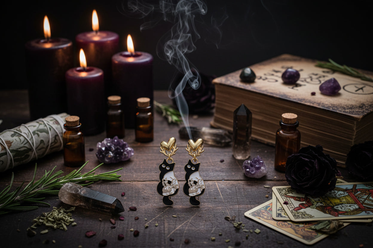 Mystic Cat Earrings - Sorceress Sanctuary Rose black cat, earrings-Bone black cat, earrings-Skeleton black cat, steel needle-Rose black cat, steel needle-Bone black cat, steel needle