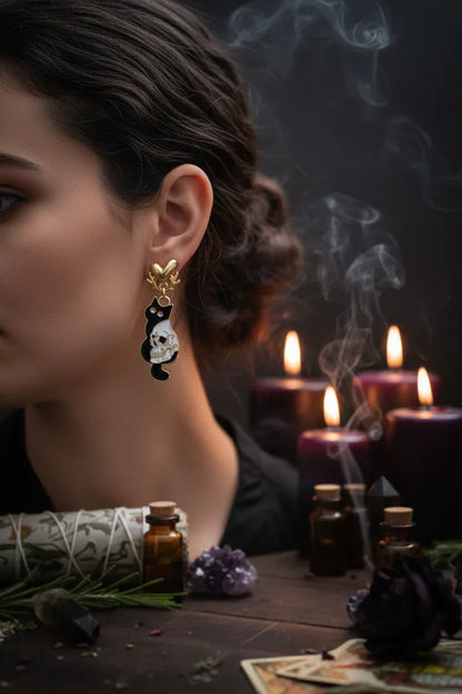 Mystic Cat Earrings - Sorceress Sanctuary Rose black cat, earrings-Bone black cat, earrings-Skeleton black cat, steel needle-Rose black cat, steel needle-Bone black cat, steel needle