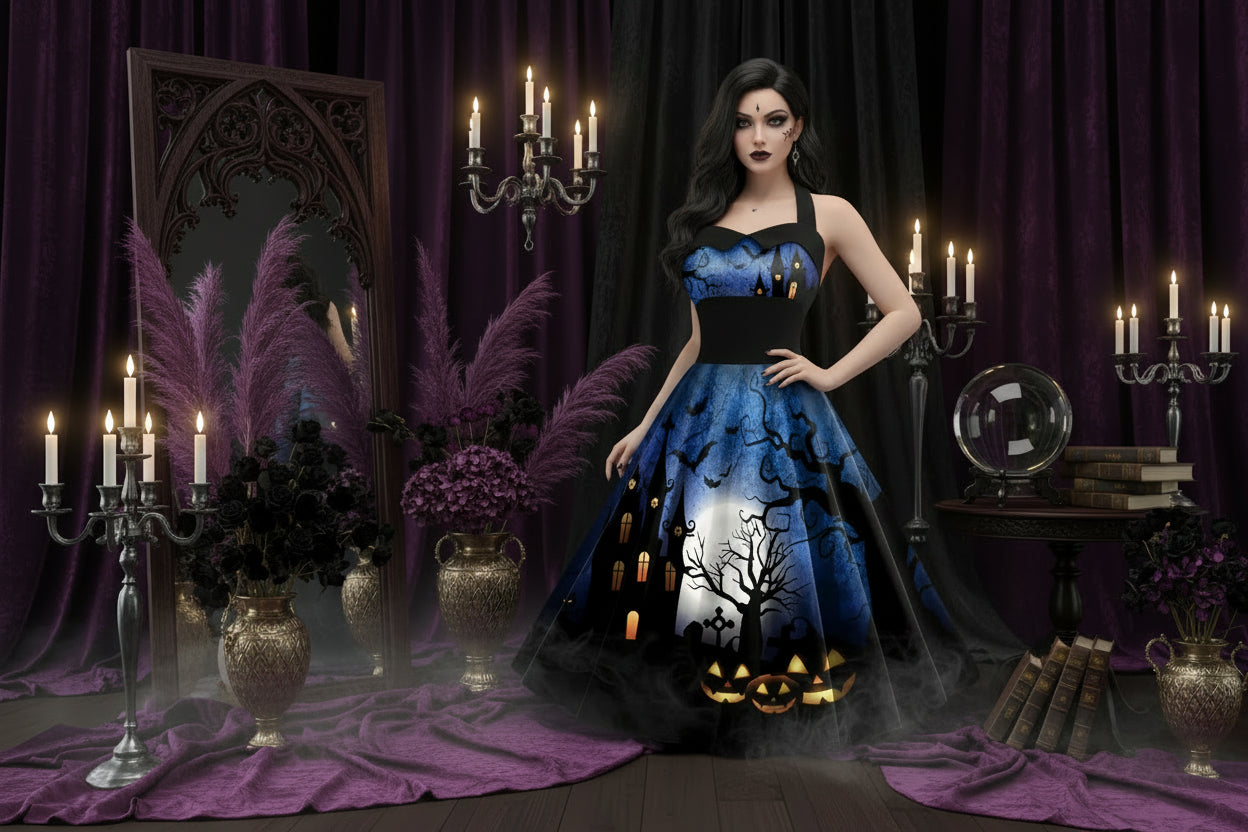 Mystic Halloween Dresses - Sorceress Sanctuary Spiderwebs & Halloween Chest / S-Spiderwebs & Halloween Chest / M-Spiderwebs & Halloween Chest / L-Spiderwebs & Halloween Chest / XL-Spiderwebs & Halloween Chest / 2XL