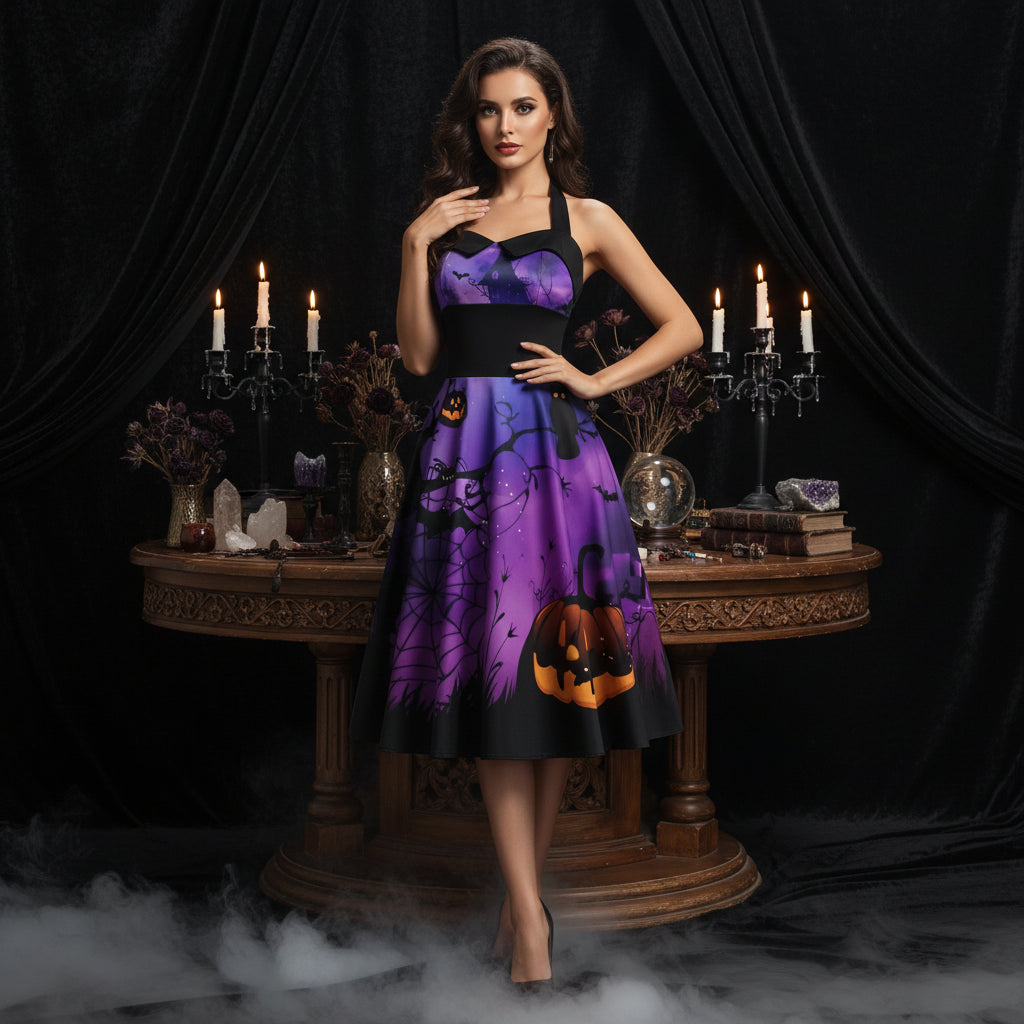 Mystic Halloween Dresses - Sorceress Sanctuary Spiderwebs & Halloween Chest / S-Spiderwebs & Halloween Chest / M-Spiderwebs & Halloween Chest / L-Spiderwebs & Halloween Chest / XL-Spiderwebs & Halloween Chest / 2XL
