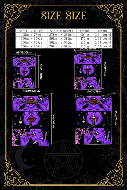 Product dimensions and weight chart with purple and black design.
