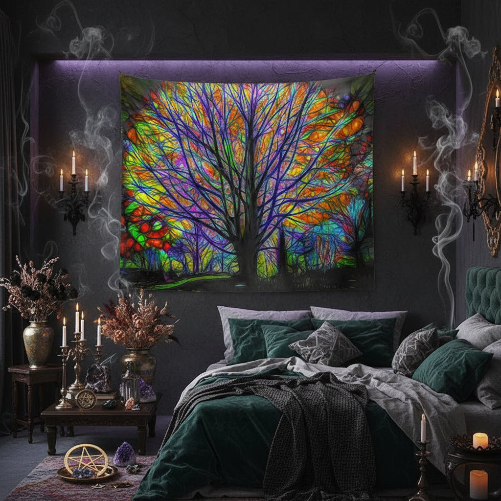 Colorful tapestry of a tree with vibrant leaves on a beige wall.