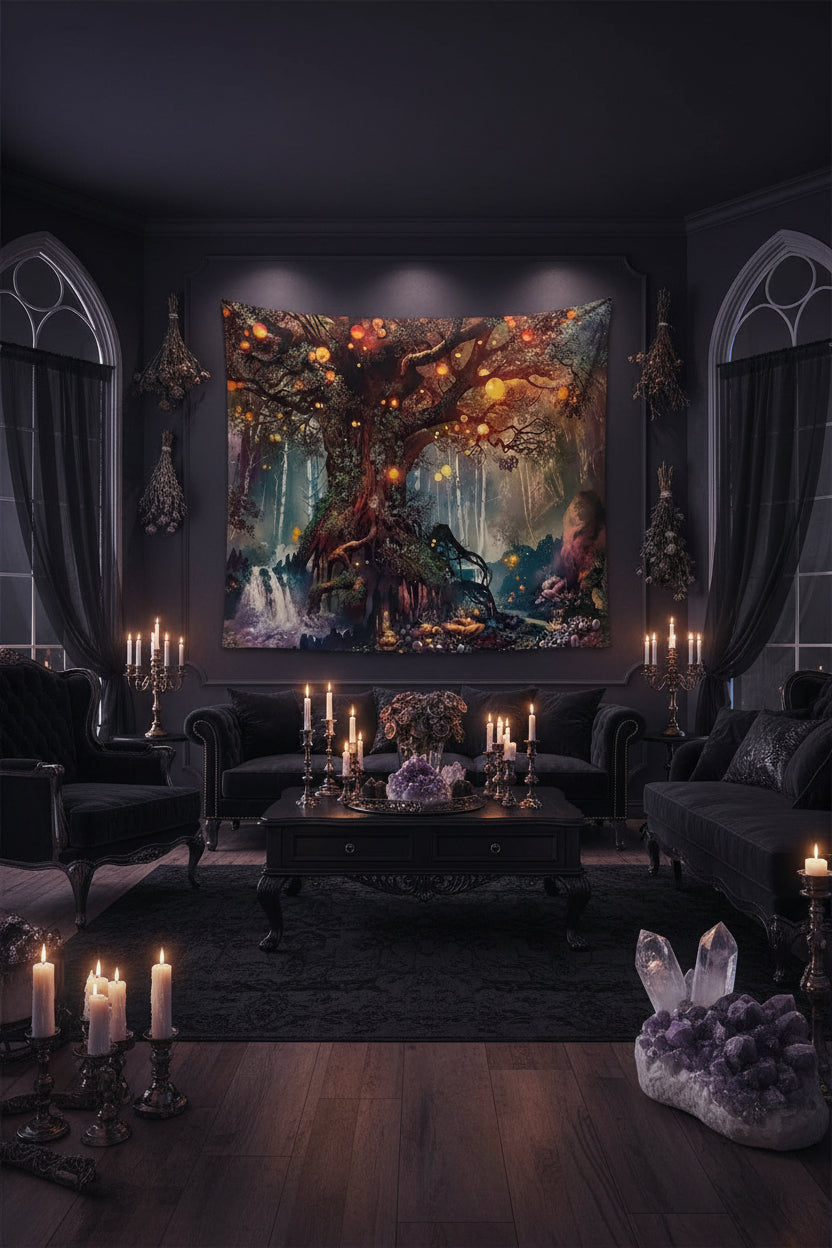 Fantasy tapestry with a large tree, glowing orbs, and a waterfall on a beige wall.