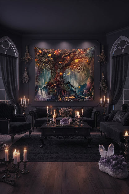 Fantasy tapestry with a large tree, glowing orbs, and a waterfall on a beige wall.