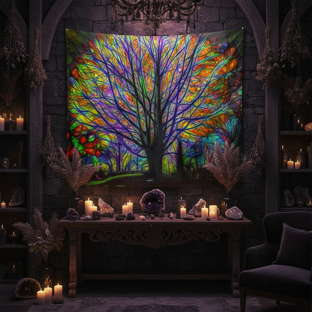 Colorful tapestry of a tree with vibrant leaves on a beige wall.