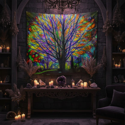 Colorful tapestry of a tree with vibrant leaves on a beige wall.