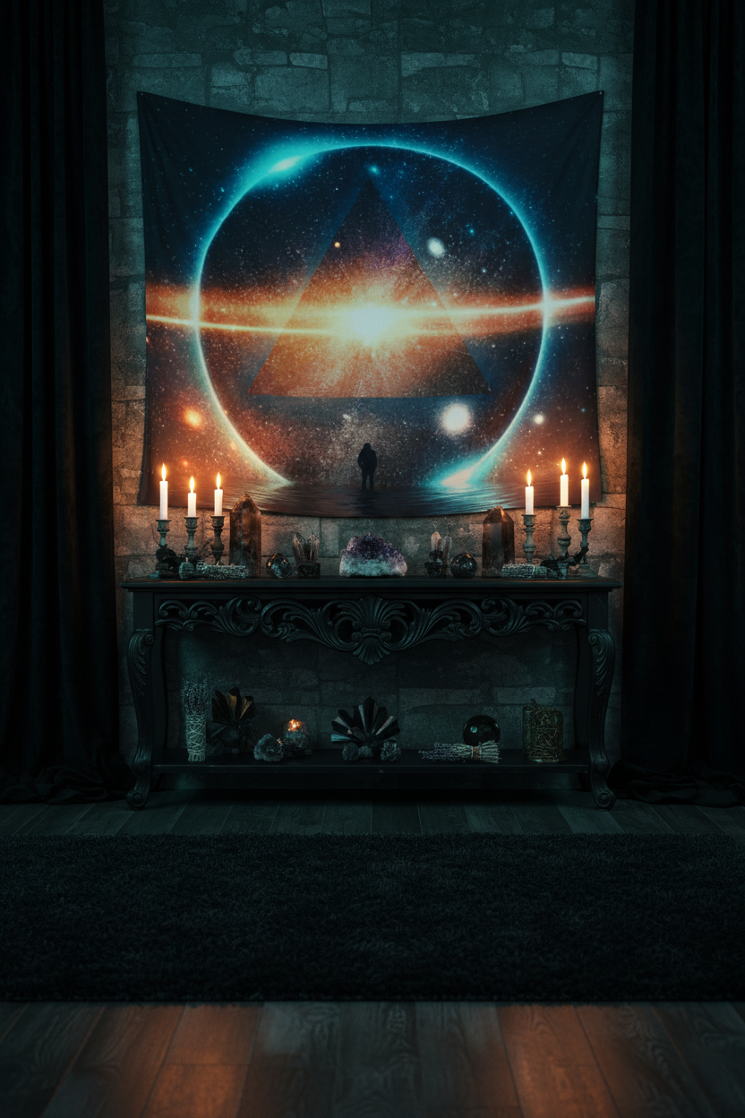 Tapestry with a cosmic design featuring a pyramid and triangular portal.