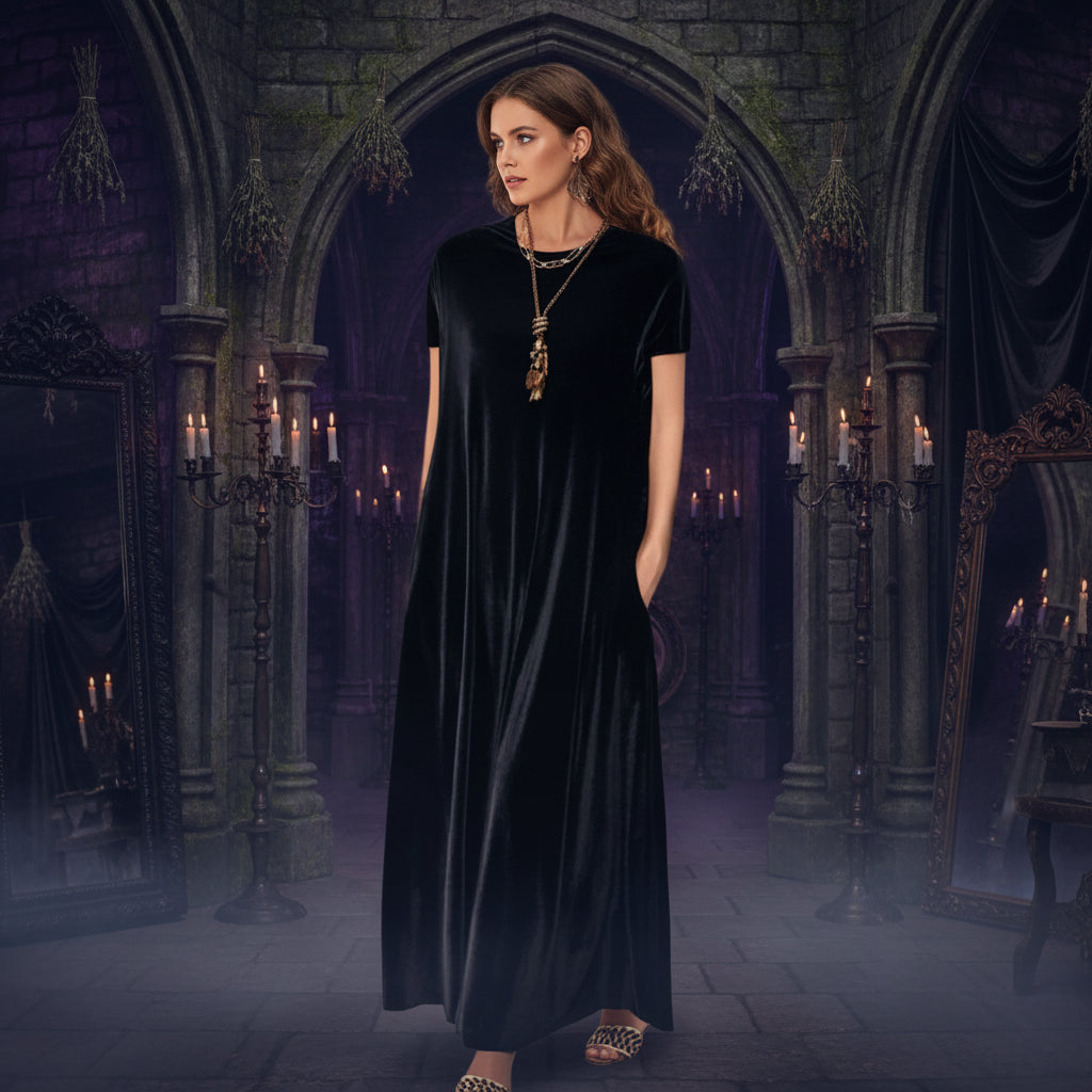 Mystic Velvet Dress - Sorceress Sanctuary gray short sleeves / S-gray short sleeves / M-gray short sleeves / L-gray short sleeves / XL-gray short sleeves / 2XL