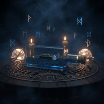 Model ship in a bottle with blue liquid on a white background