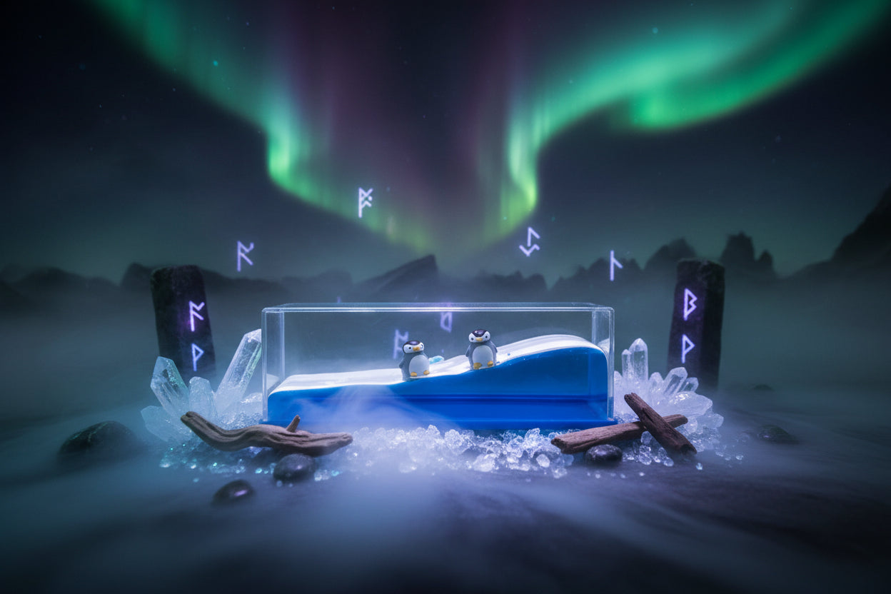 Small aquarium with two penguin figures on a white background