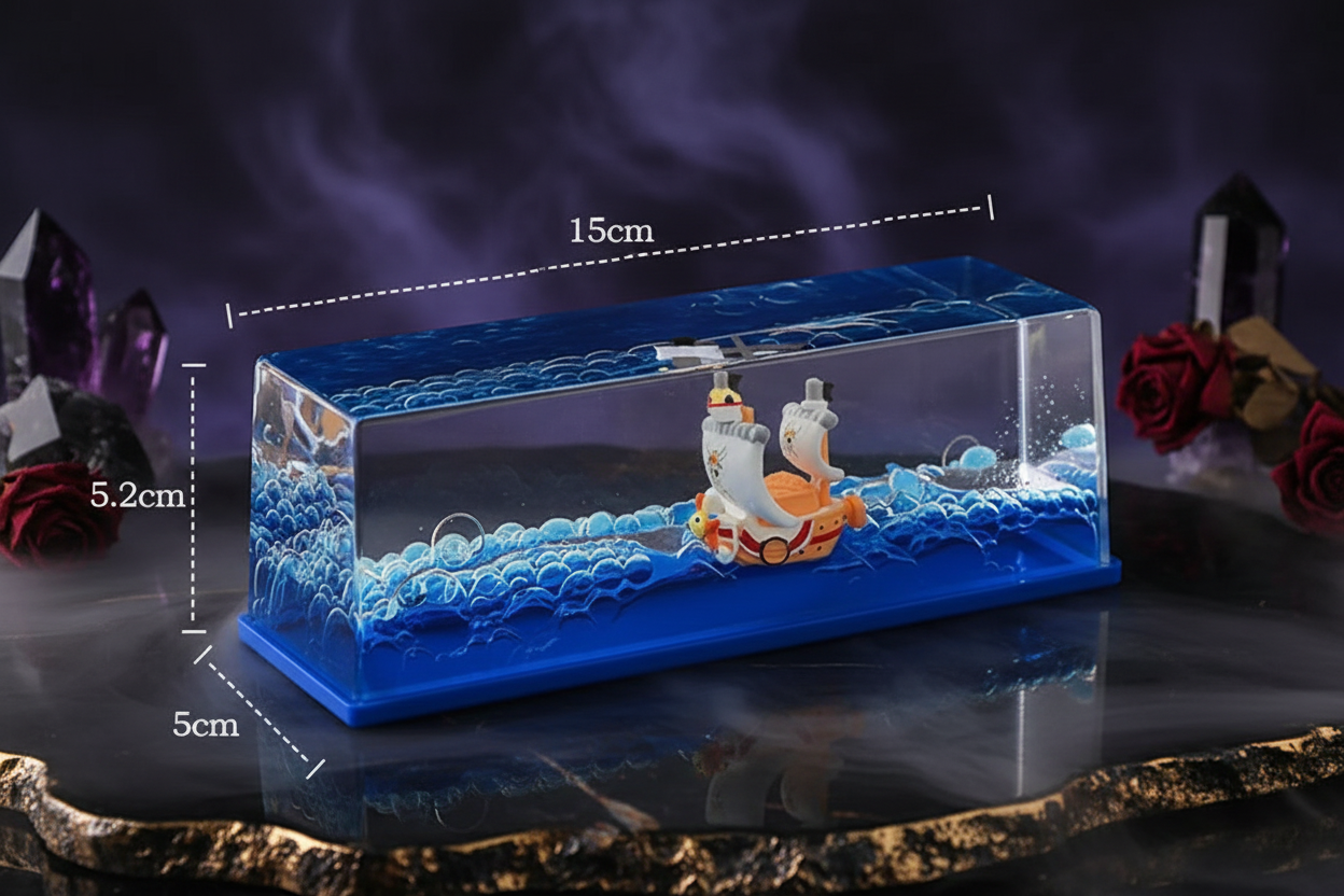Small model ship in a clear container with blue liquid, placed on a white surface with measurements indicated.