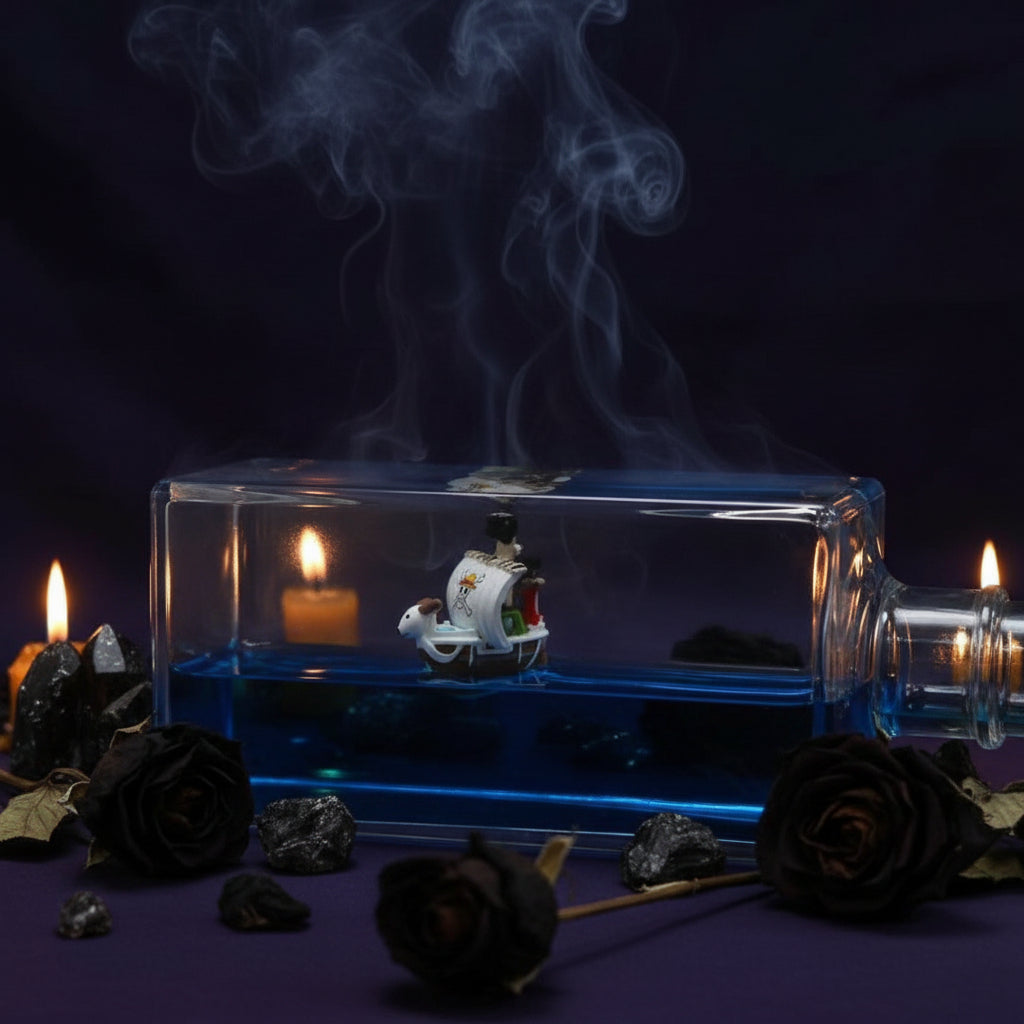 Toy ship in a clear and blue rectangular container on a gray background