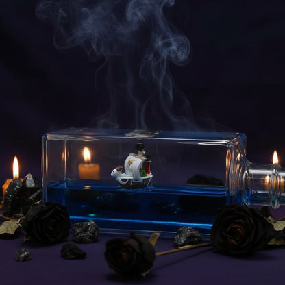 Toy ship in a clear and blue rectangular container on a gray background