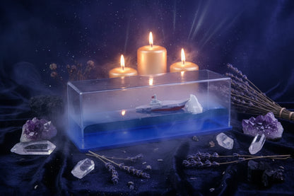 Model boat in a clear display case with blue base