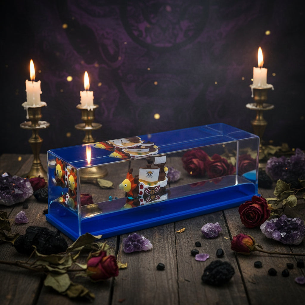 Toy ship in a clear display case with blue top on a white background