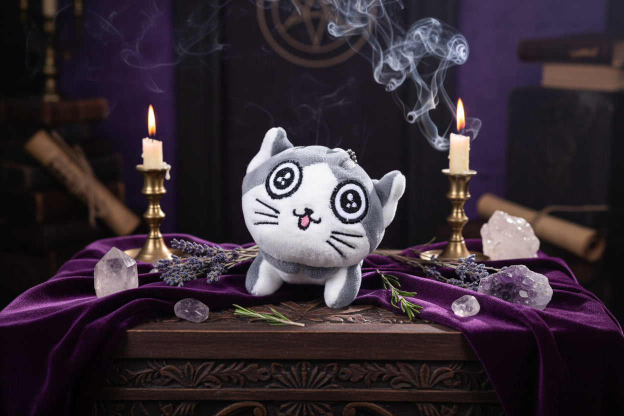 Mystical Plush Cats - Sorceress Sanctuary open mouth cat-pouting cat-flower idiot cat-big-eyed cat