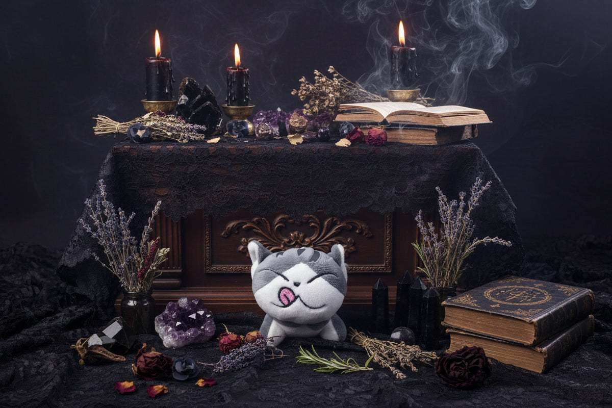 Mystical Plush Cats - Sorceress Sanctuary open mouth cat-pouting cat-flower idiot cat-big-eyed cat