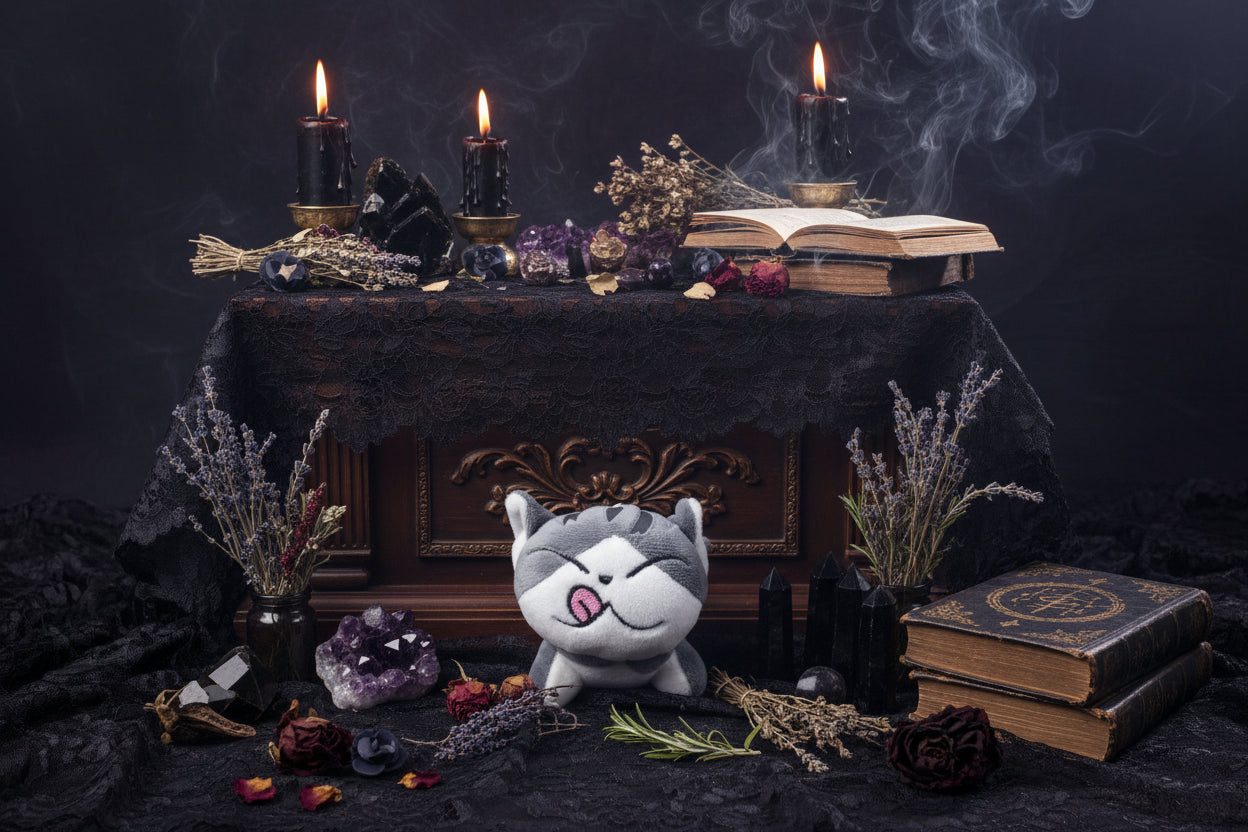 Mystical Plush Cats - Sorceress Sanctuary open mouth cat-pouting cat-flower idiot cat-big-eyed cat
