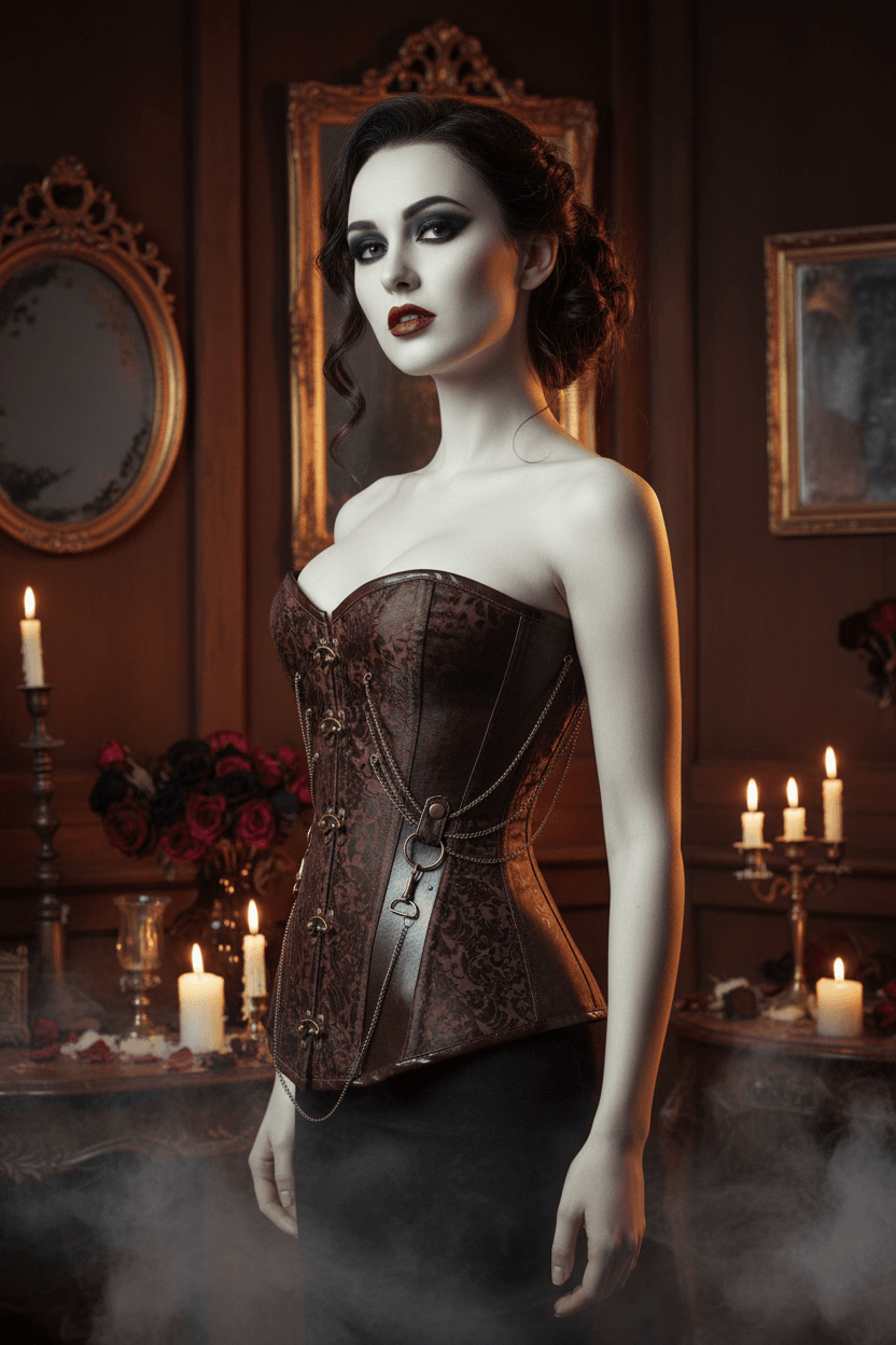 Decorative corset with intricate patterns and gold accents on a white background