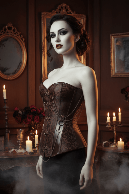 Decorative corset with intricate patterns and gold accents on a white background