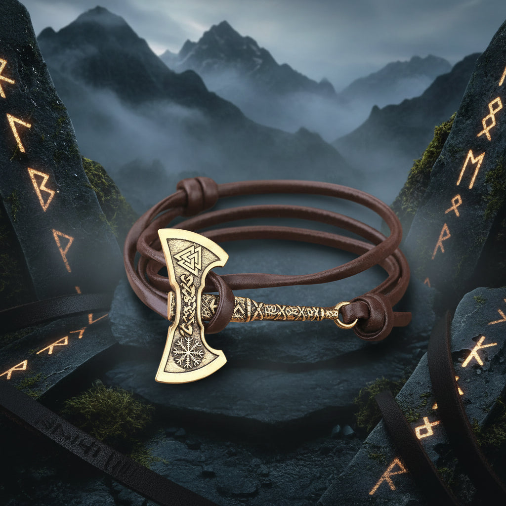 Nordic Axe Bracelet - Sorceress Sanctuary Ancient & Gold-Antique Silver-Antique Silver Black Leather