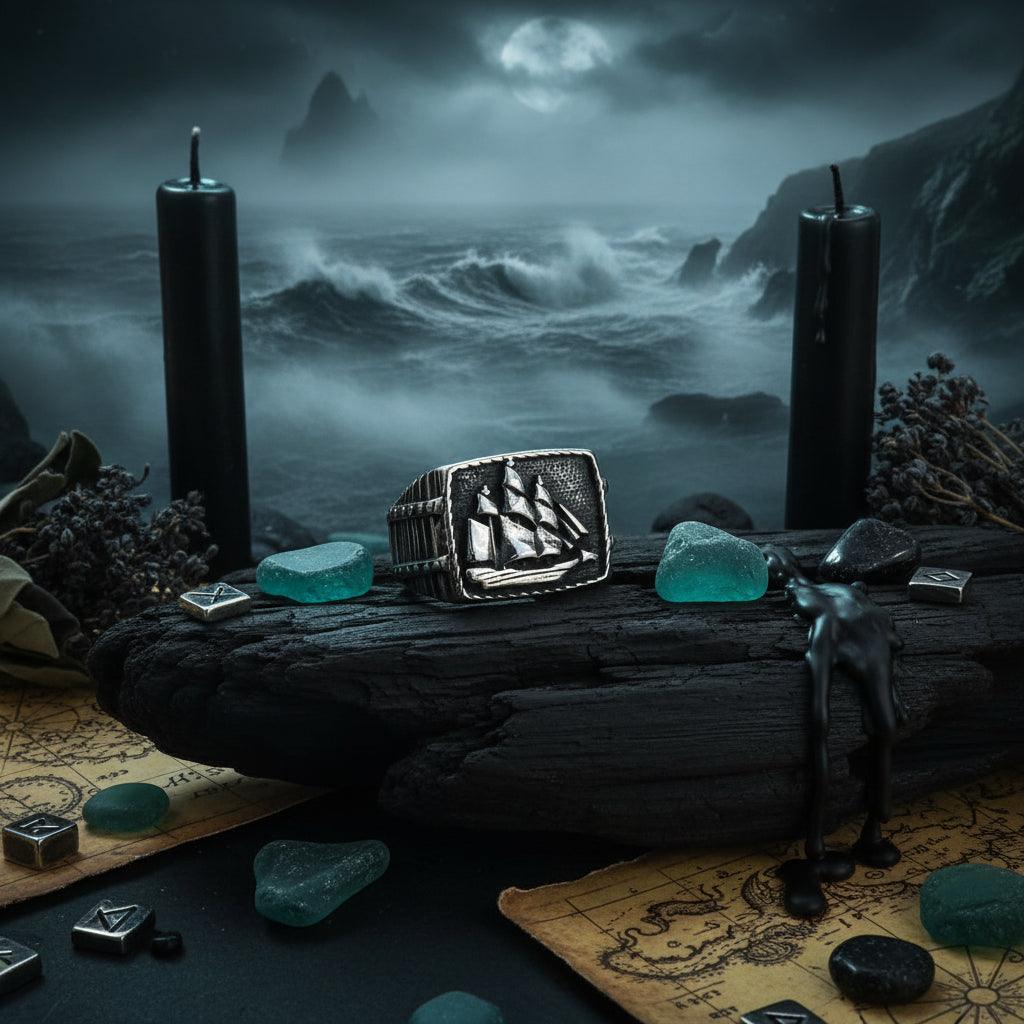 Silver ring with ship design on a wooden surface