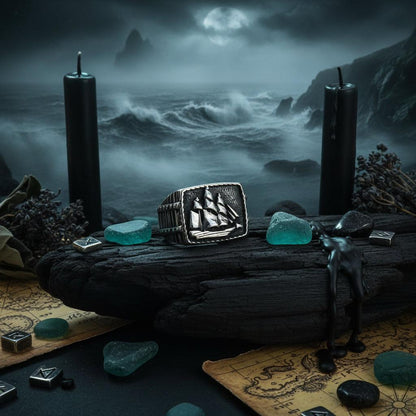 Silver ring with ship design on a wooden surface
