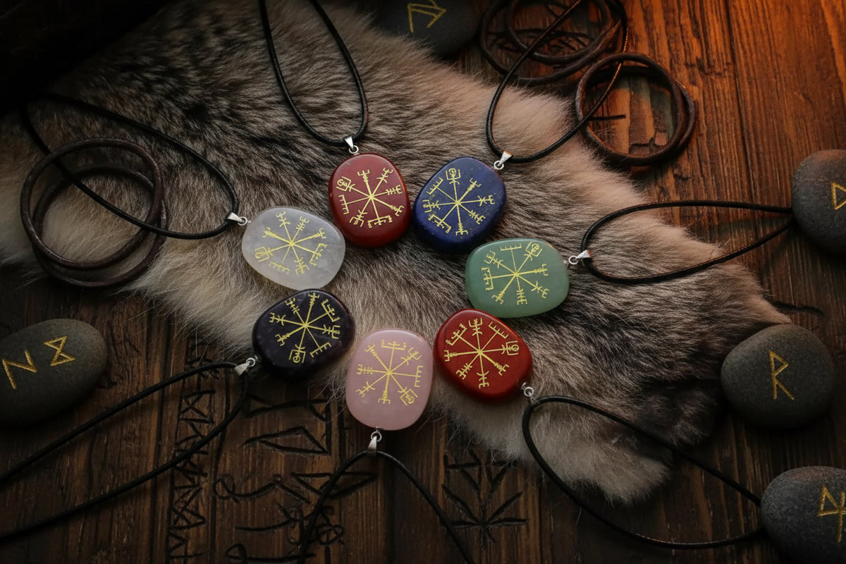 Nordic Compass Pendant - Sorceress Sanctuary Natural Red Aventurine-Natural Redstone-Natural Amethyst-Natural White Crystal-Natural Lapis Lazuli
