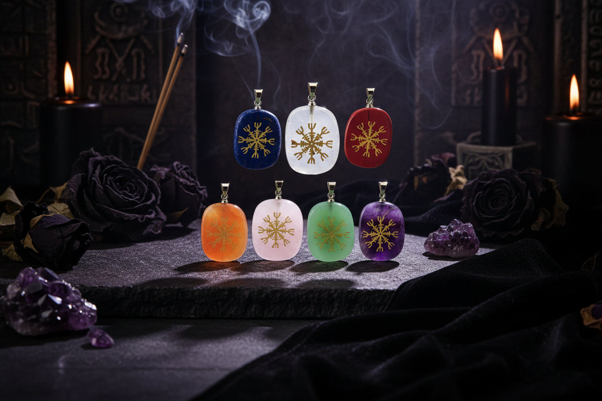 Nordic Compass Pendant - Sorceress Sanctuary Natural Red Aventurine-Natural Redstone-Natural Amethyst-Natural White Crystal-Natural Lapis Lazuli