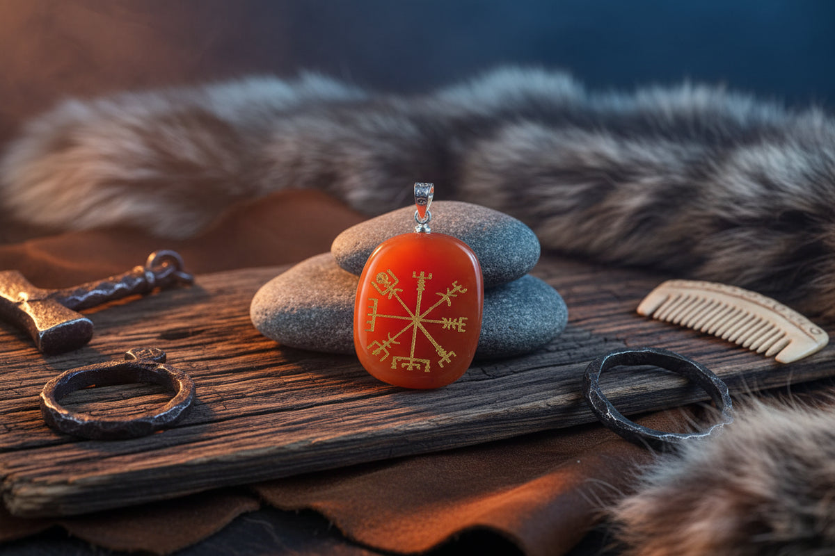 Nordic Compass Pendant - Sorceress Sanctuary Natural Red Aventurine-Natural Redstone-Natural Amethyst-Natural White Crystal-Natural Lapis Lazuli