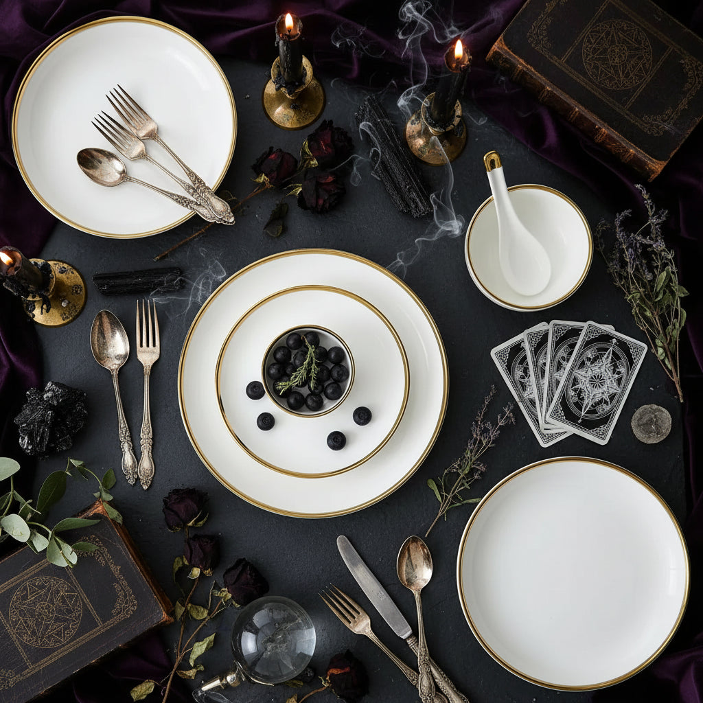 Nordic Dinnerware Set - Sorceress Sanctuary Rice Bowl - Black -4.5-Rice bowl - White -4.5-Platter - White -8-Platter - White -10-Platter - Black -8
