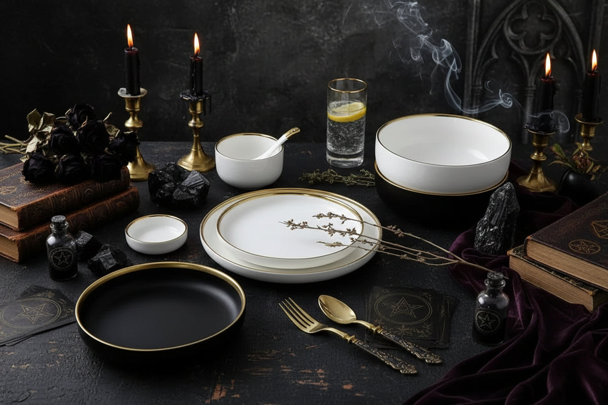 Nordic Dinnerware Set - Sorceress Sanctuary Rice Bowl - Black -4.5-Rice bowl - White -4.5-Platter - White -8-Platter - White -10-Platter - Black -8