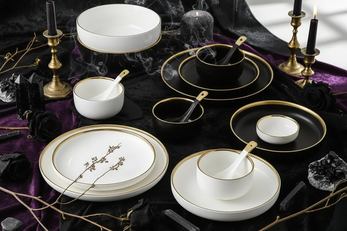 Nordic Dinnerware Set - Sorceress Sanctuary Rice Bowl - Black -4.5-Rice bowl - White -4.5-Platter - White -8-Platter - White -10-Platter - Black -8
