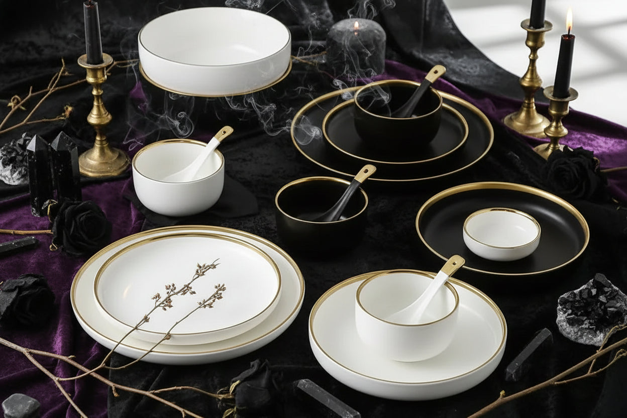 Nordic Dinnerware Set - Sorceress Sanctuary Rice Bowl - Black -4.5-Rice bowl - White -4.5-Platter - White -8-Platter - White -10-Platter - Black -8