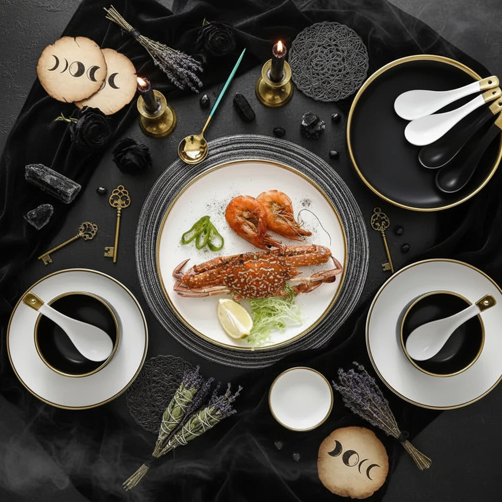 Nordic Dinnerware Set - Sorceress Sanctuary Rice Bowl - Black -4.5-Rice bowl - White -4.5-Platter - White -8-Platter - White -10-Platter - Black -8