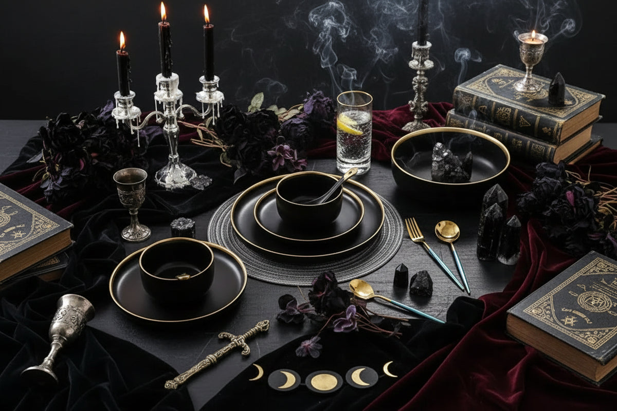 Nordic Dinnerware Set - Sorceress Sanctuary Rice Bowl - Black -4.5-Rice bowl - White -4.5-Platter - White -8-Platter - White -10-Platter - Black -8