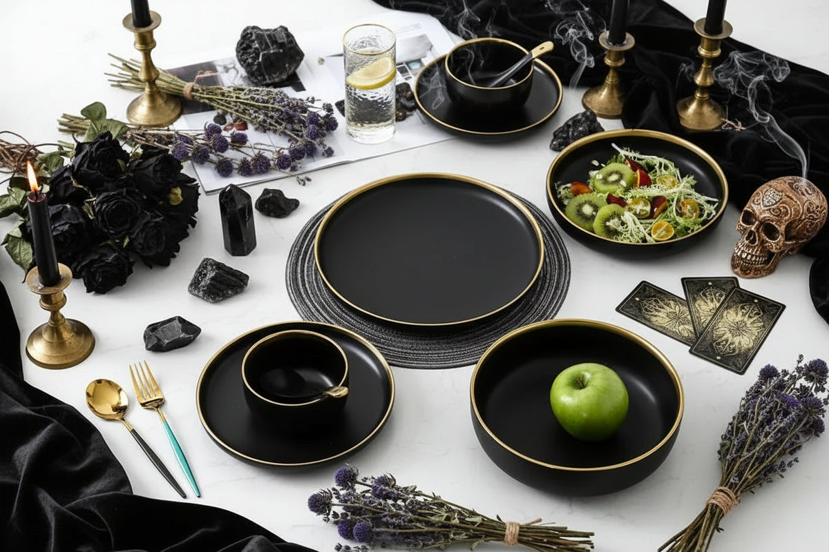 Nordic Dinnerware Set - Sorceress Sanctuary Rice Bowl - Black -4.5-Rice bowl - White -4.5-Platter - White -8-Platter - White -10-Platter - Black -8