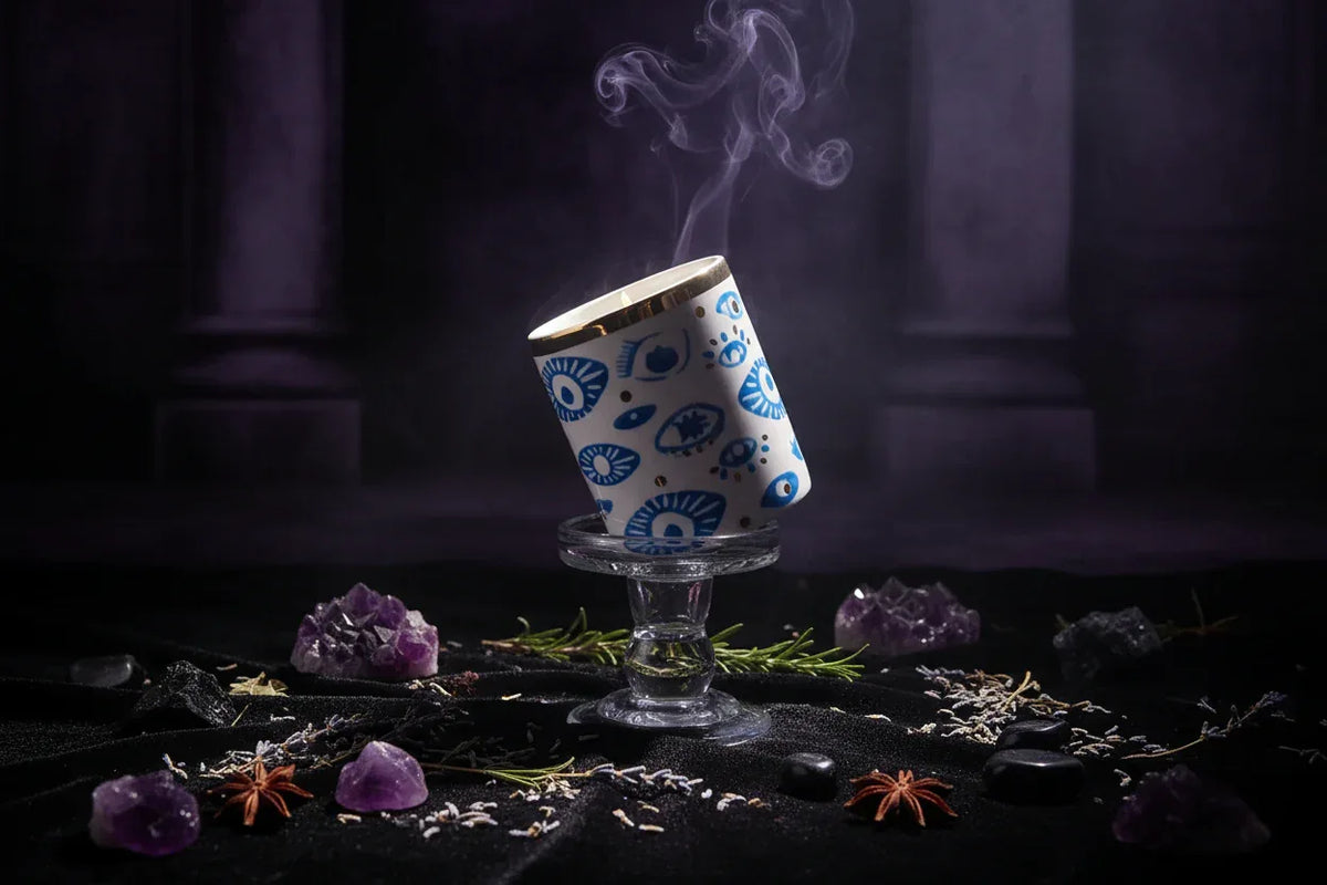 Nordic Evil Eye Tableware - Sorceress Sanctuary Figure / Small eye jar-Figure / Handprint Cup and Saucer-Figure / Handprint 8 inch disc-Figure / Eyes 8 inch plate-Figure / Eyes 10 inch plate