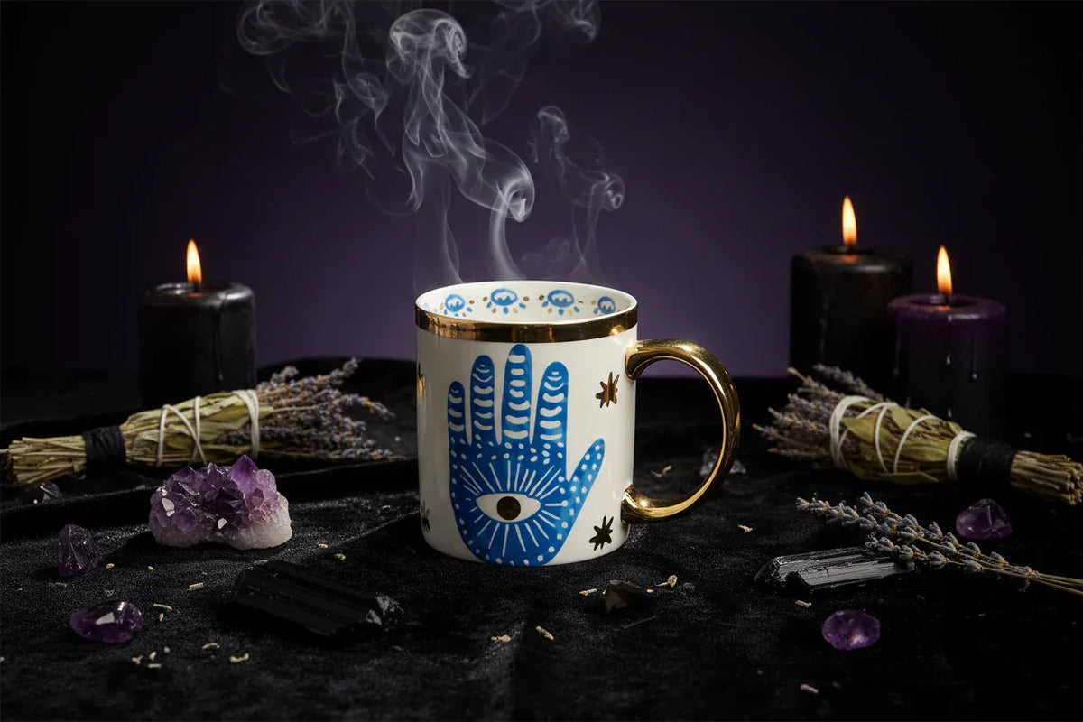 Nordic Evil Eye Tableware - Sorceress Sanctuary Figure / Small eye jar-Figure / Handprint Cup and Saucer-Figure / Handprint 8 inch disc-Figure / Eyes 8 inch plate-Figure / Eyes 10 inch plate