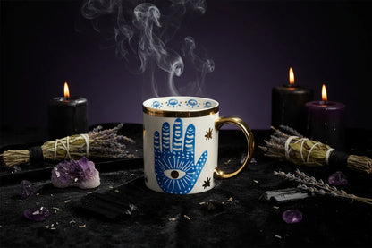 Nordic Evil Eye Tableware - Sorceress Sanctuary Figure / Small eye jar-Figure / Handprint Cup and Saucer-Figure / Handprint 8 inch disc-Figure / Eyes 8 inch plate-Figure / Eyes 10 inch plate