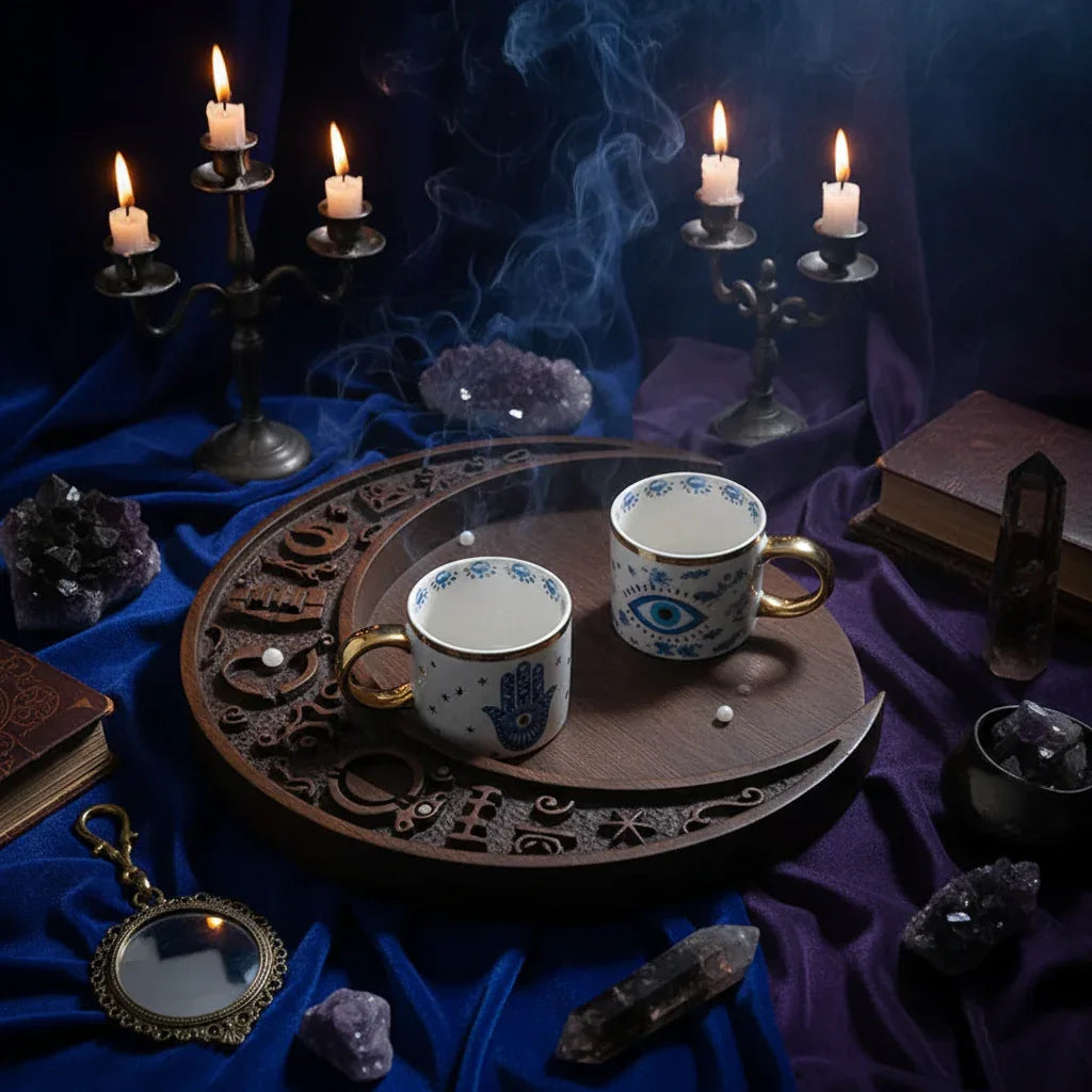 Nordic Evil Eye Tableware - Sorceress Sanctuary Figure / Small eye jar-Figure / Handprint Cup and Saucer-Figure / Handprint 8 inch disc-Figure / Eyes 8 inch plate-Figure / Eyes 10 inch plate