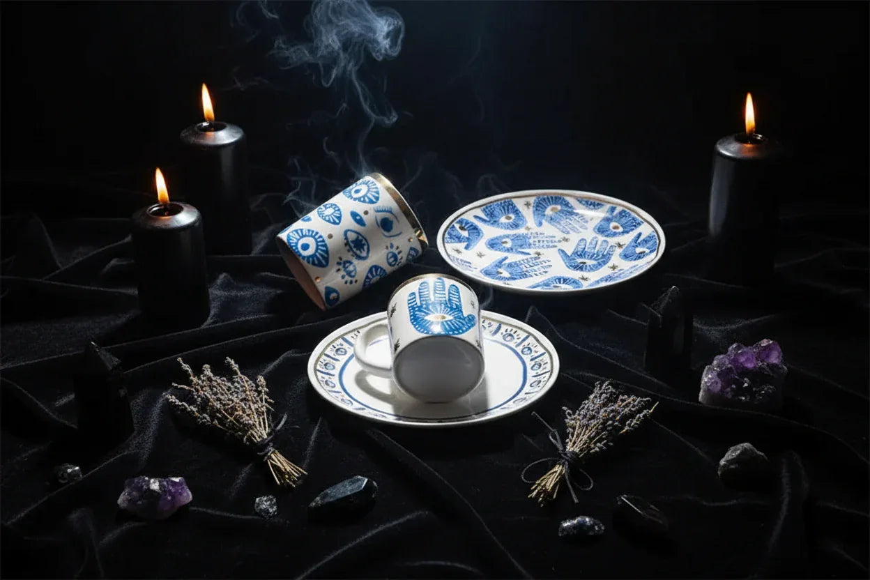 Nordic Evil Eye Tableware - Sorceress Sanctuary Figure / Small eye jar-Figure / Handprint Cup and Saucer-Figure / Handprint 8 inch disc-Figure / Eyes 8 inch plate-Figure / Eyes 10 inch plate