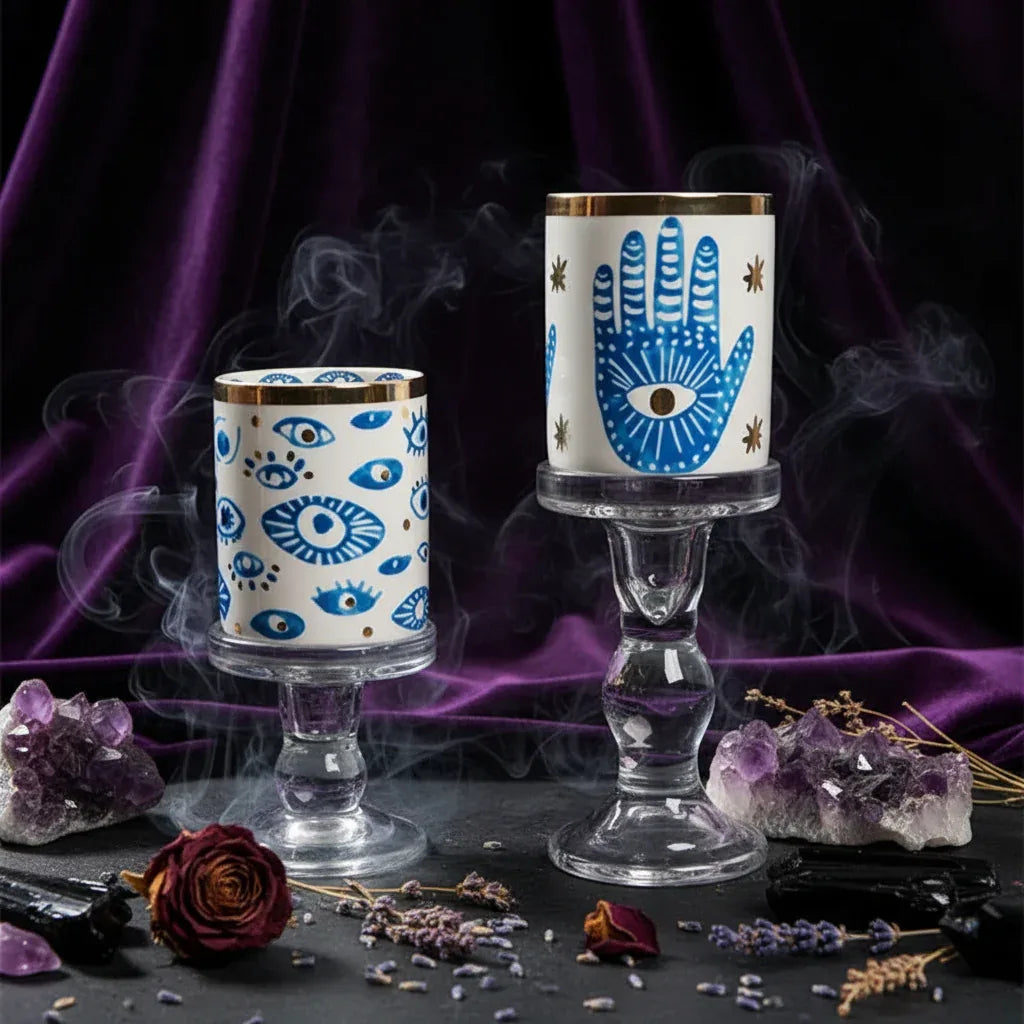 Nordic Evil Eye Tableware - Sorceress Sanctuary Figure / Small eye jar-Figure / Handprint Cup and Saucer-Figure / Handprint 8 inch disc-Figure / Eyes 8 inch plate-Figure / Eyes 10 inch plate
