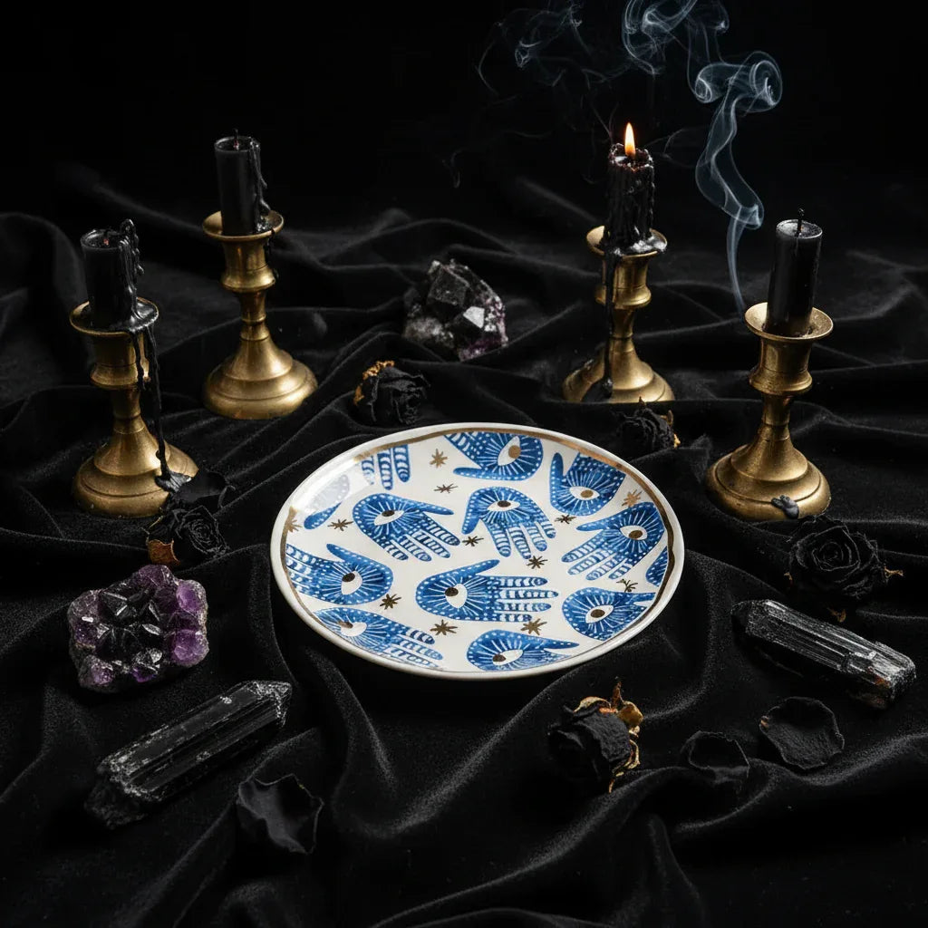 Nordic Evil Eye Tableware - Sorceress Sanctuary Figure / Small eye jar-Figure / Handprint Cup and Saucer-Figure / Handprint 8 inch disc-Figure / Eyes 8 inch plate-Figure / Eyes 10 inch plate