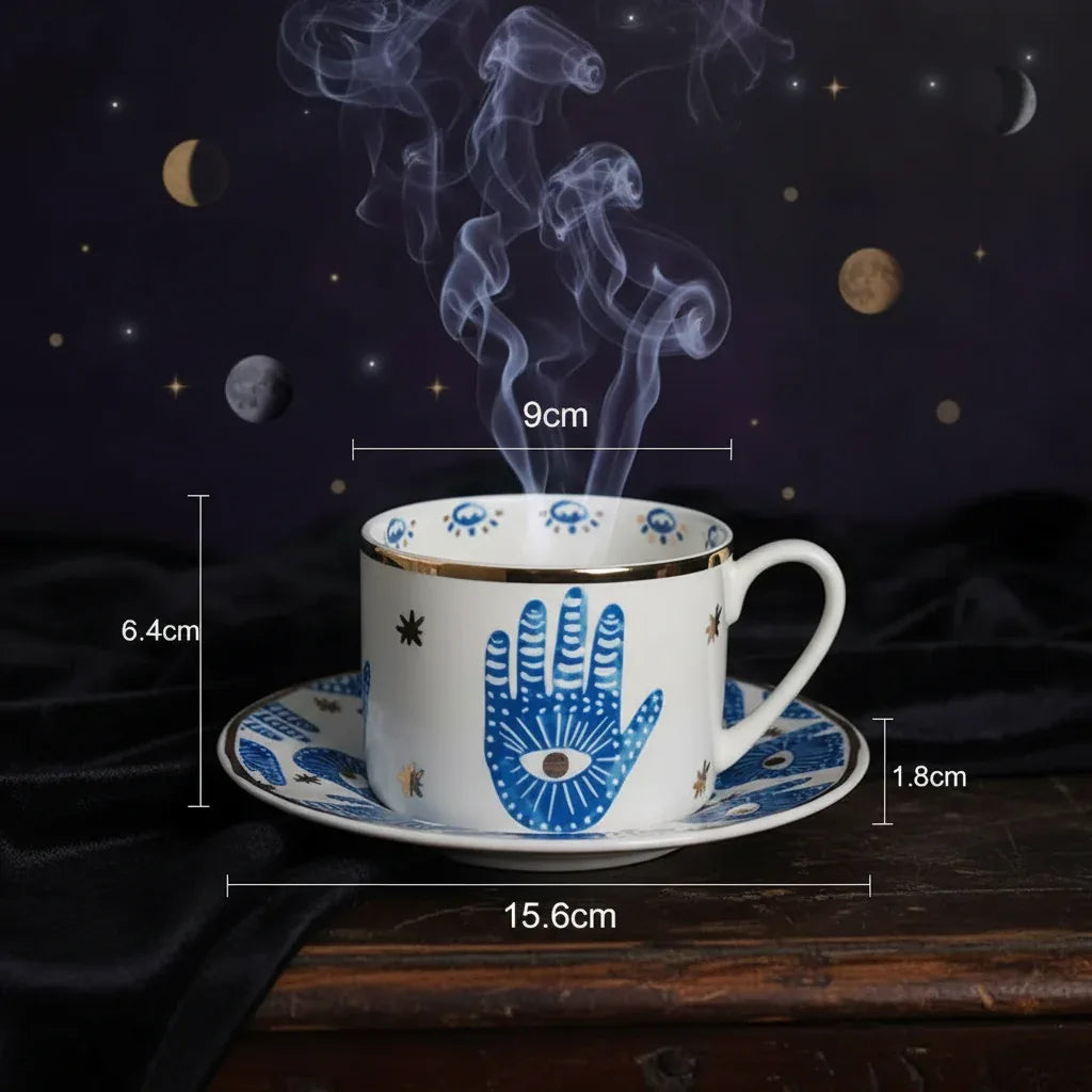 Nordic Evil Eye Tableware - Sorceress Sanctuary Figure / Small eye jar-Figure / Handprint Cup and Saucer-Figure / Handprint 8 inch disc-Figure / Eyes 8 inch plate-Figure / Eyes 10 inch plate