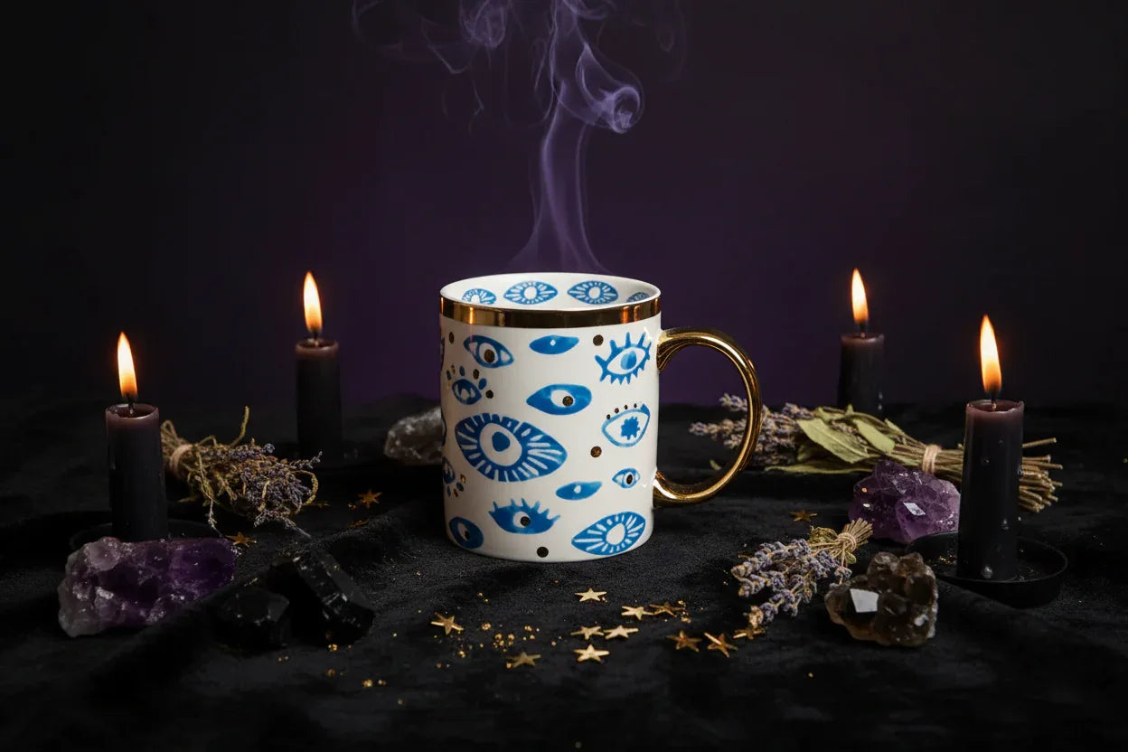 Nordic Evil Eye Tableware - Sorceress Sanctuary Figure / Small eye jar-Figure / Handprint Cup and Saucer-Figure / Handprint 8 inch disc-Figure / Eyes 8 inch plate-Figure / Eyes 10 inch plate