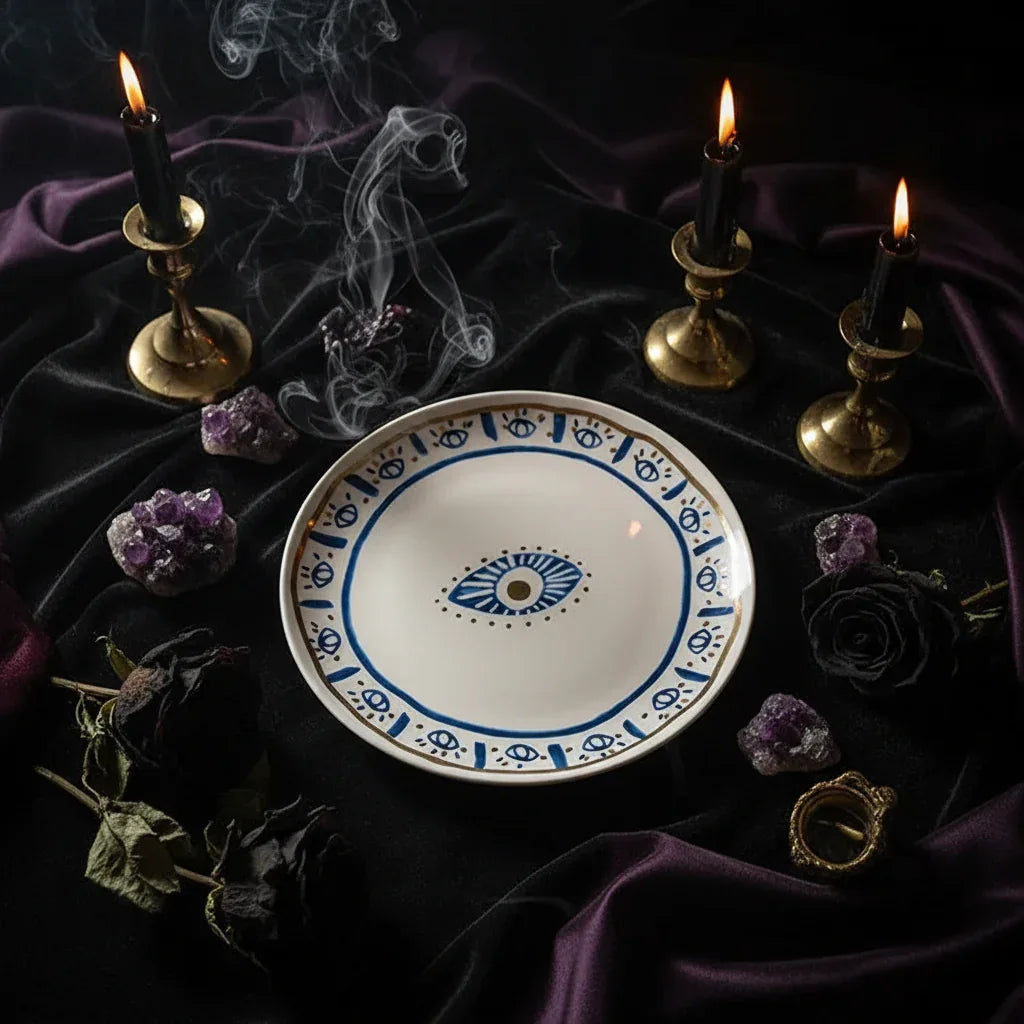 Nordic Evil Eye Tableware - Sorceress Sanctuary Figure / Small eye jar-Figure / Handprint Cup and Saucer-Figure / Handprint 8 inch disc-Figure / Eyes 8 inch plate-Figure / Eyes 10 inch plate