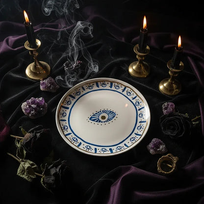 Nordic Evil Eye Tableware - Sorceress Sanctuary Figure / Small eye jar-Figure / Handprint Cup and Saucer-Figure / Handprint 8 inch disc-Figure / Eyes 8 inch plate-Figure / Eyes 10 inch plate