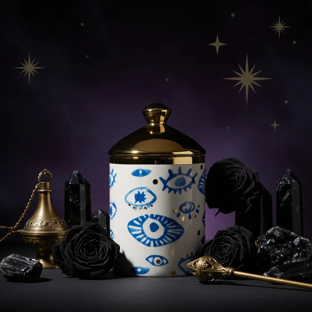 Nordic Evil Eye Tableware - Sorceress Sanctuary Figure / Small eye jar-Figure / Handprint Cup and Saucer-Figure / Handprint 8 inch disc-Figure / Eyes 8 inch plate-Figure / Eyes 10 inch plate